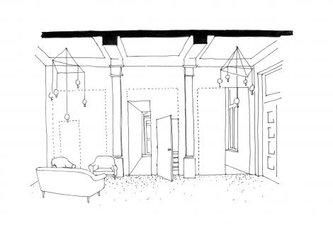 Sketch of the new lobby with new wall openings